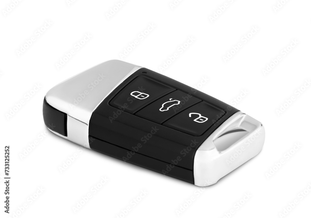 Car ignition key close up isolated. The key is made of black plastic and a metal insert, with three buttons. Car ignition key close up isolated. The key is made of black plastic and a metal insert, with three buttons.
