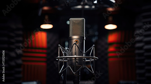 Studio microphone and pop shield on mic in the empty recording studio with copy space.
