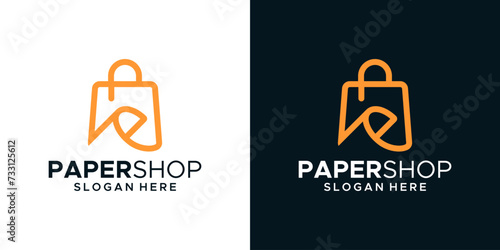 Shopping bag logo design template with a roll of document paper graphic design vector. Symbol, icon, creative.