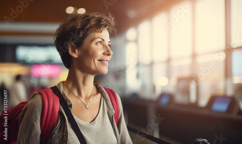 Happy smiling Woman travel at airport with backpack, Female walking at the gate at the terminal waiting for her flight in boarding lounge, People traveler enjoy trip and holiday.