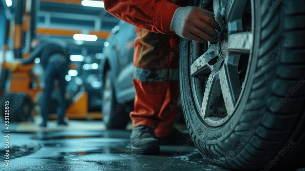 tire at repairing service garage background. Technician man replacing winter and summer tire for safety road trip. Transportation and automotive maintenance concept