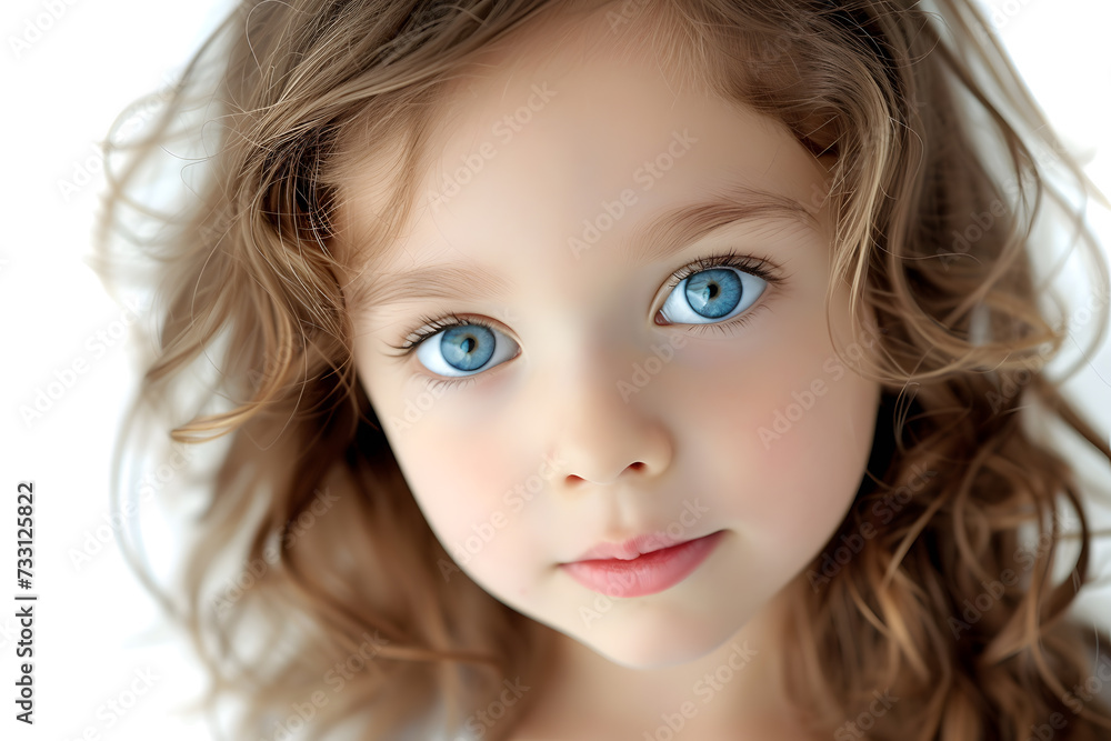 Closeup portrait of beautiful blond hair and blue eyes little girl isolated on white background