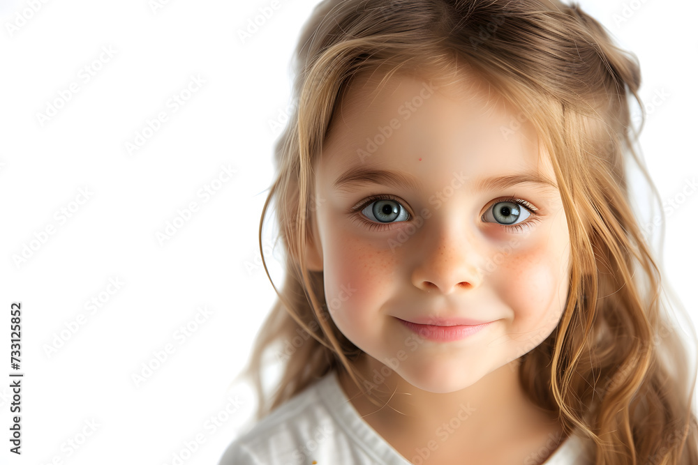 Closeup portrait of beautiful blond hair and blue eyes little girl isolated on white background Closeup portrait of beautiful blond hair and blue eyes little girl isolated on white background