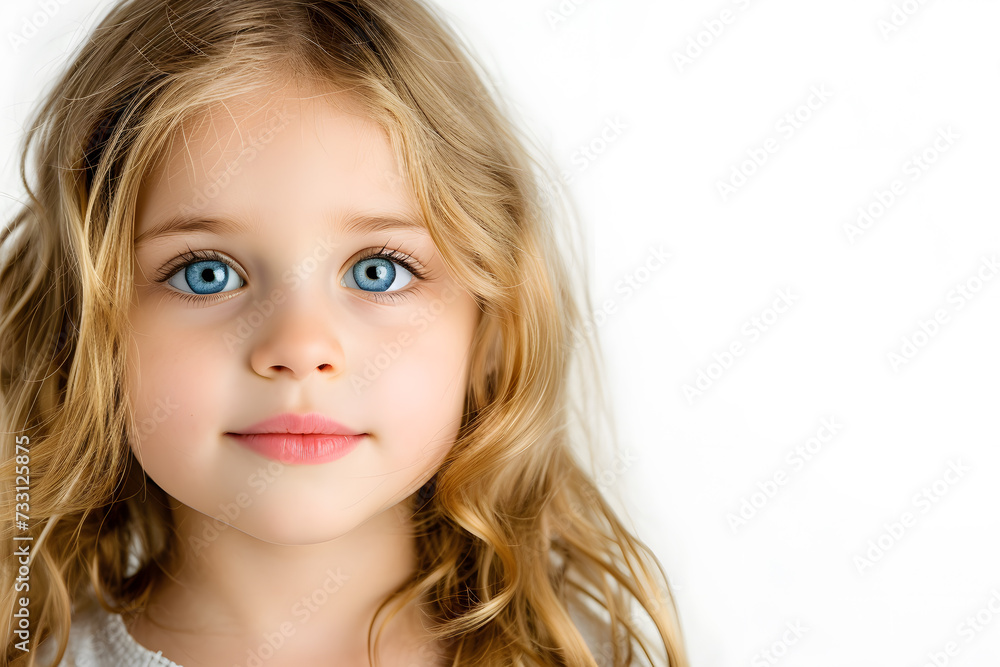 Closeup portrait of beautiful blond hair and blue eyes little girl isolated on white background