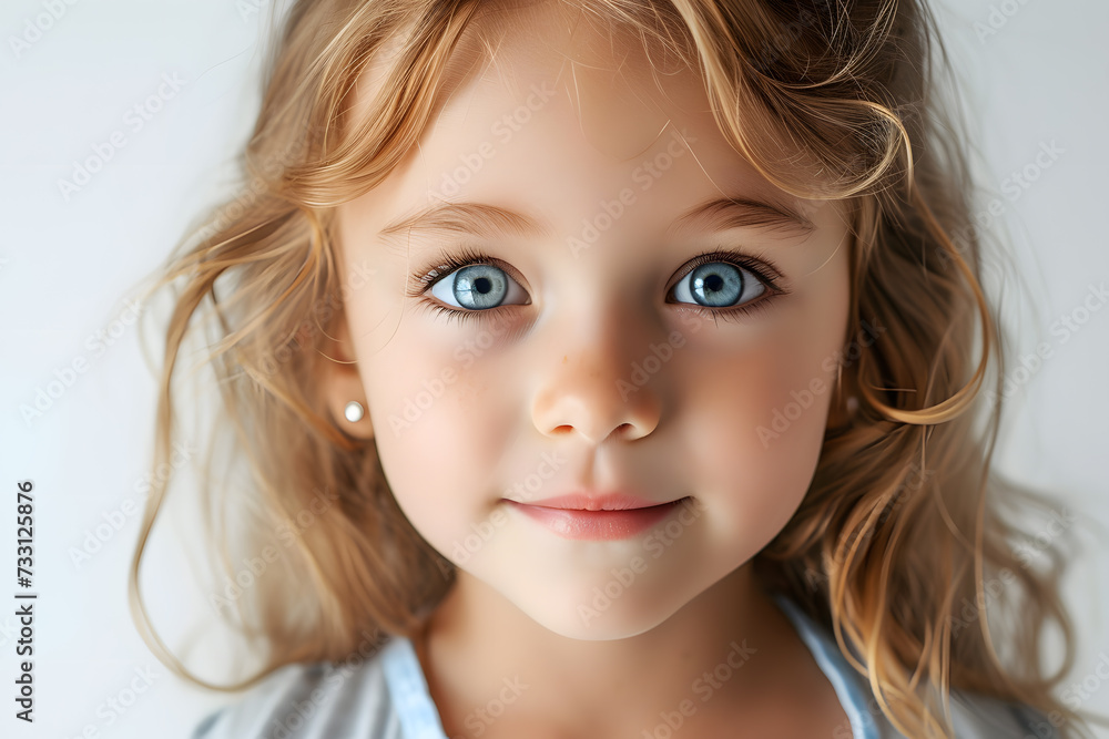 Closeup portrait of beautiful blond hair and blue eyes little girl isolated on white background Closeup portrait of beautiful blond hair and blue eyes little girl isolated on white background