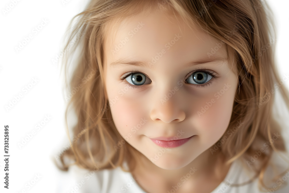 Closeup portrait of beautiful blond hair and blue eyes little girl isolated on white background