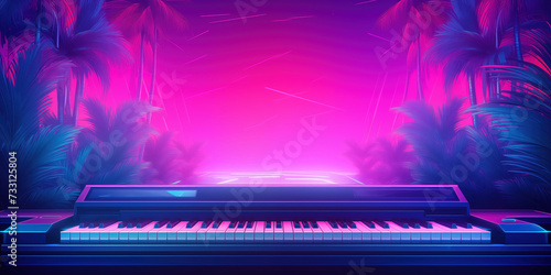 Piano and tropical palm trees near neon dance floor. Fantastic place for disco. Fragment of piano for exotic party