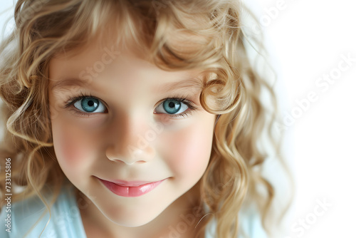 Closeup portrait of beautiful blond hair and blue eyes little girl isolated on white background