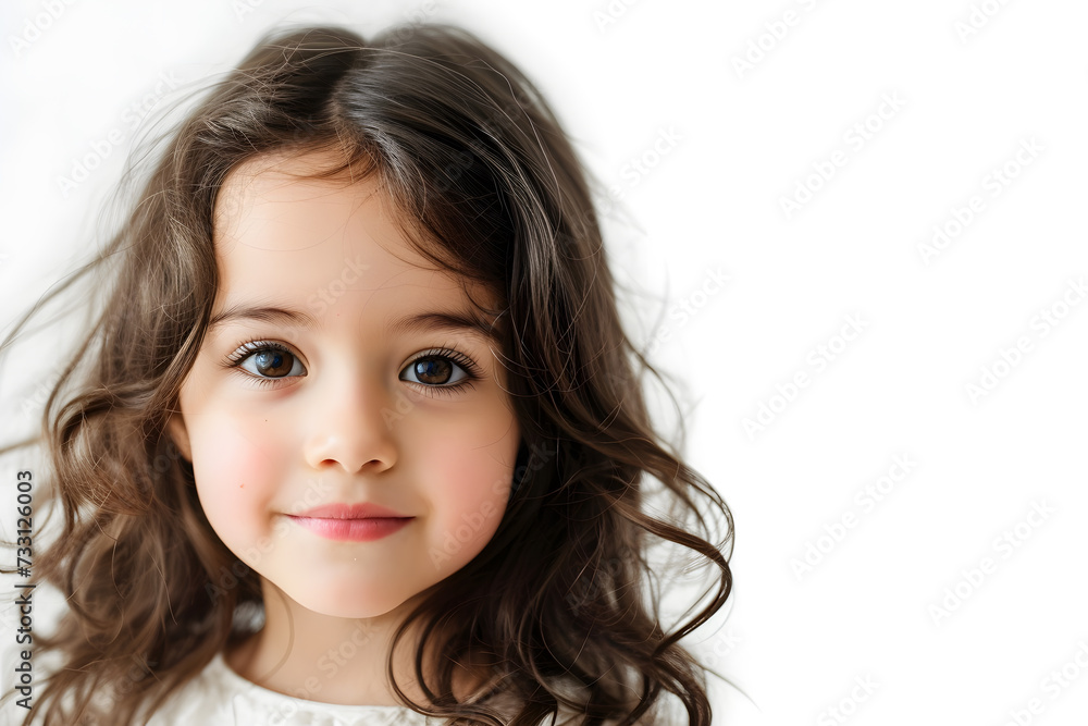 Closeup portrait of beautiful dark hair little girl isolated on white background Closeup portrait of beautiful dark hair little girl isolated on white background