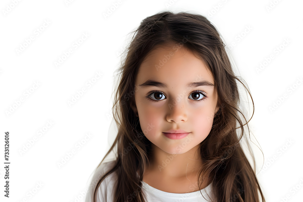 Closeup portrait of beautiful dark hair little girl isolated on white background Closeup portrait of beautiful dark hair little girl isolated on white background