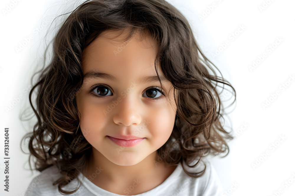 Closeup portrait of beautiful dark hair little girl isolated on white background Closeup portrait of beautiful dark hair little girl isolated on white background