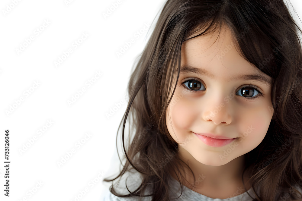 Closeup portrait of beautiful dark hair little girl isolated on white background Closeup portrait of beautiful dark hair little girl isolated on white background