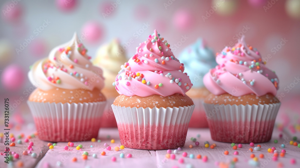 cupcake muffin with cream frosting sprinkles on pink background. Generative AI
