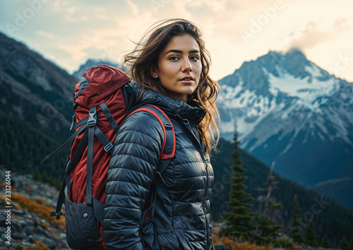 Beautiful young woman hiker with backpack hiking in the mountains