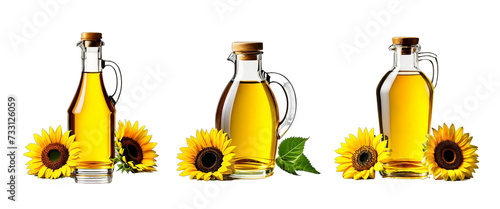Collection of the bottle of sunflower oil with the flower on a transparent background PNG AI Generative. Organic concept of the product