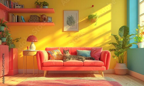 Cute red cat lying on sofa in living room.Generative AI