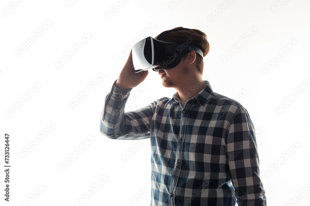 Man experiencing virtual reality headset indoors Man experiencing virtual reality headset indoors