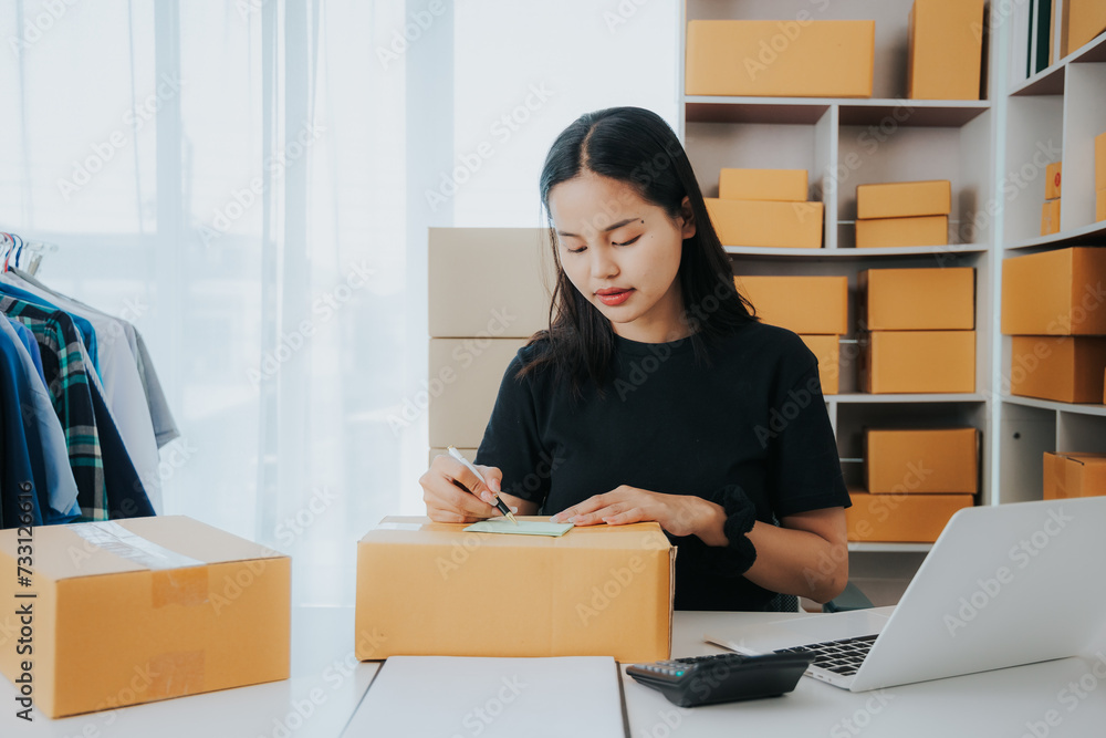 Asian small business owner working in home office with boxes, checking orders and preparing for delivery to customers. Online Marketing, SME Ecommerce Concepts Asian small business owner working in home office with boxes, checking orders and preparing for delivery to customers. Online Marketing, SME Ecommerce Concepts