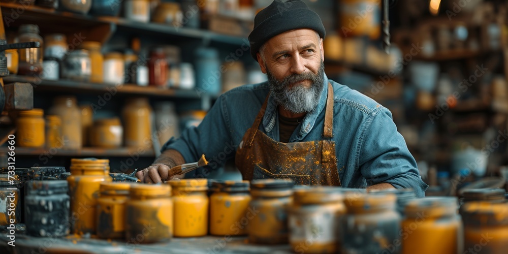 A mature, handsome master works in his workshop with many different paints. A mature, handsome master works in his workshop with many different paints.