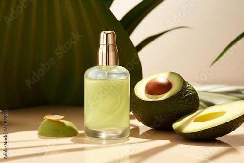 A cosmetic bottle product for skin care mockup. Natural ingredients, avocado. natural cosmetics. AI