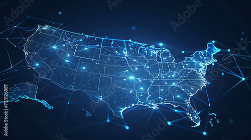 Digital map of the USA abstractly representing global network connectivity, data transfer, cyber technology, information exchange, and telecommunications.