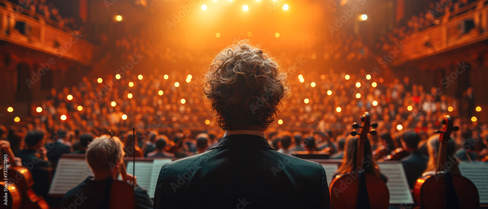 Back View Cinematic shot of Conductor Directing Symphony Orchestra with Performers Playing Violins, Cello and Trumpet.AI - obrazy, fototapety, plakaty 