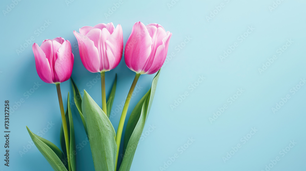 Five Pink Tulips Arranged Neatly Against a Soft Blue Background Five Pink Tulips Arranged Neatly Against a Soft Blue Background