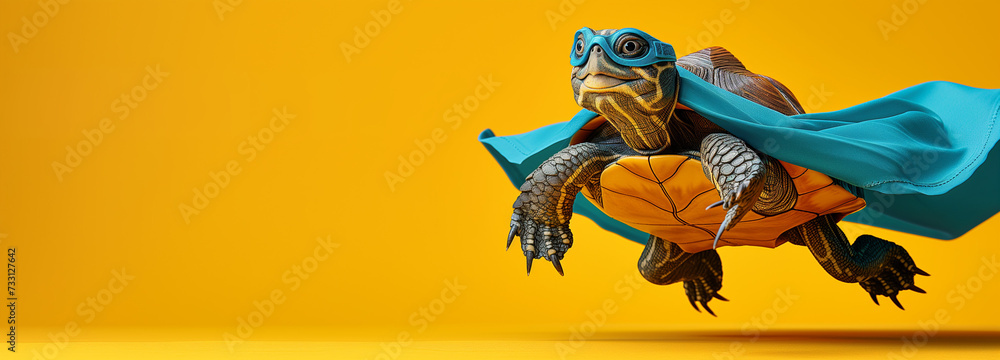 Superhero turtle in blue cape, yellow background