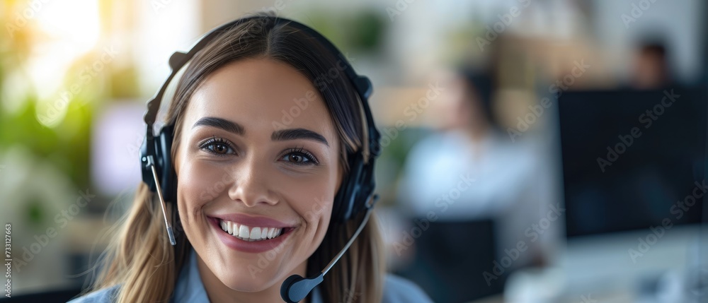 happy female contract service representative telemarketing operator smiling to camera. Happy beautiful woman call center agent or salesman wearing headset working in customer support office happy female contract service representative telemarketing operator smiling to camera. Happy beautiful woman call center agent or salesman wearing headset working in customer support office