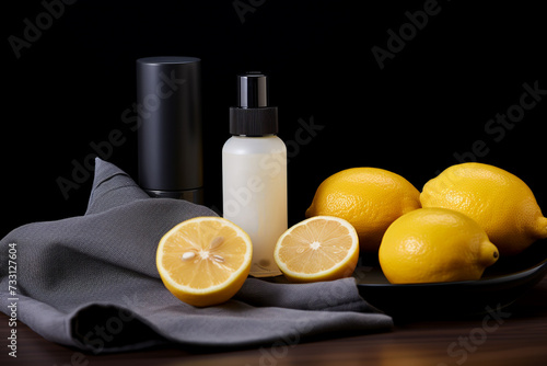 A cosmetic bottle product for skin care mockup. Natural ingredients, lemon. natural cosmetics. AI