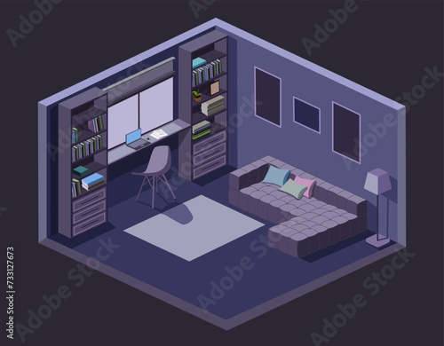Vector isometric room in purple color, night view, workplace, teenager's room