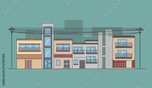 Cute houses, city buildings. Cozy panorama of the city with the exterior of the house, City street. Flat vector illustration
