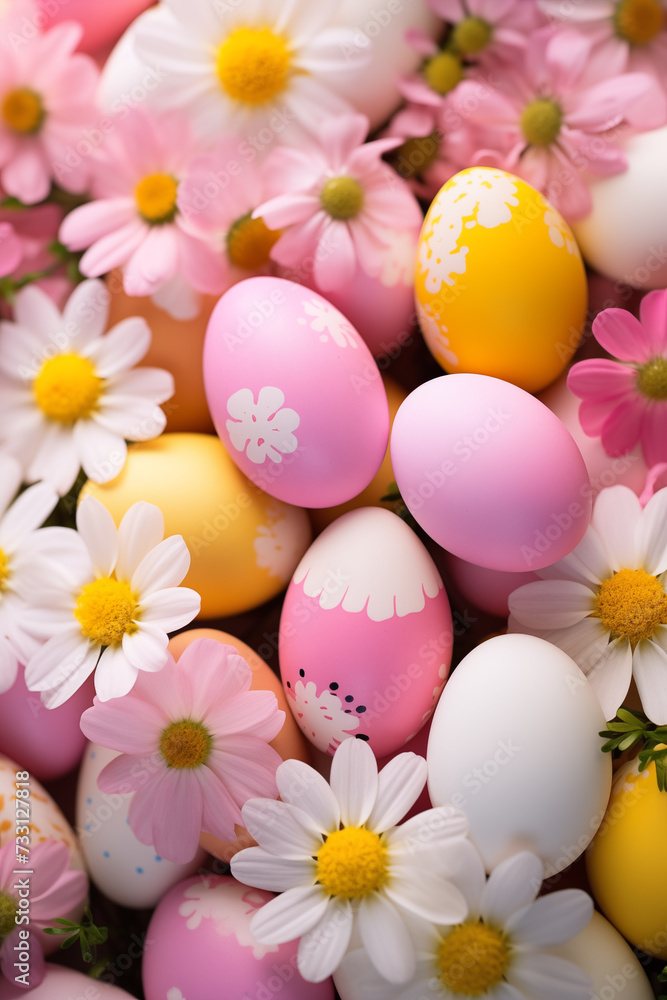 Spring flowers, Happy Easter background. Colorful Easter eggs on grass Spring flowers, Happy Easter background. Colorful Easter eggs on grass