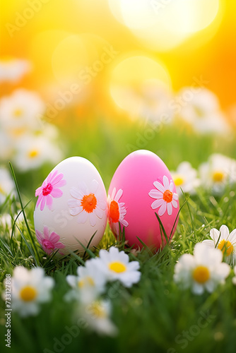 Spring flowers  Happy Easter background. Colorful Easter eggs on grass