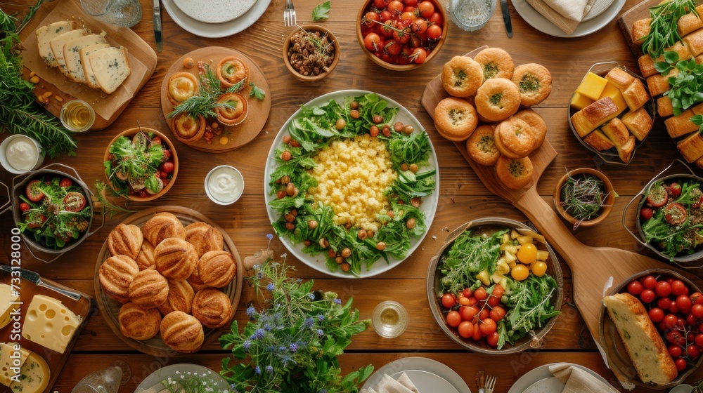 Top view of wooden table background with vegetables and food scattered in an oval around the center, muffins, biscuits, green salad, fresh fruit, photo, warm background, Top view of wooden table background with vegetables and food scattered in an oval around the center, muffins, biscuits, green salad, fresh fruit, photo, warm background,