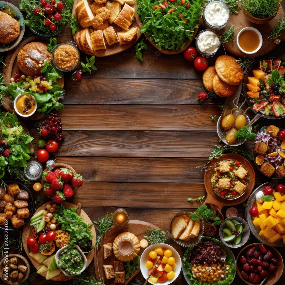 Top view of wooden table background with vegetables and food scattered in an oval around the center, muffins, biscuits, green salad, fresh fruit, photo, warm background, Top view of wooden table background with vegetables and food scattered in an oval around the center, muffins, biscuits, green salad, fresh fruit, photo, warm background,