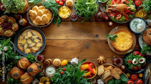 Top view of wooden table background with vegetables and food scattered in an oval around the center, muffins, biscuits, green salad, fresh fruit, photo, warm background,