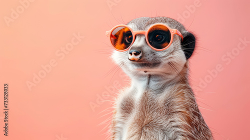 Stylish Meerkat Wearing Orange Sunglasses.
A meerkat in cool shades against a soft pink background. photo