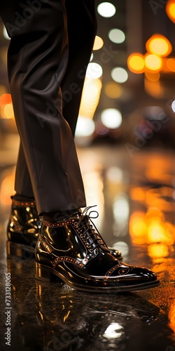 Zoomed-in view of a male model's street-style footwear, showcasing the fine details in the design and capturing the city lights subtly reflected on the polished leather