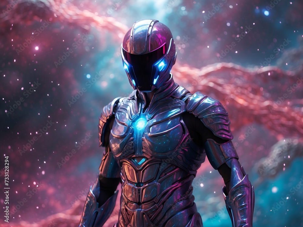 Fototapeta premium A cloaked figure stands in the street, surrounded by pink and blue electricity.