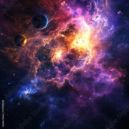Flakes of nebula and cosmic dust in space with charming colorful textures shining complement the beauty of the solar system, good for science, knowledge, blogs, web etc. Generative Ai