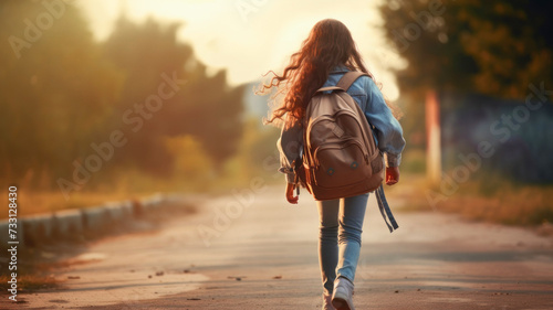 A girl with long hair and a school backpack walks down the street photo