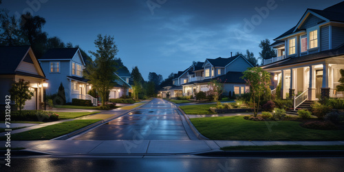 Urban or suburban neighborhood at night houses with lights late evening or midnight homes with garage street and driveway Suburb village landscape with cottage buildings street lamps
