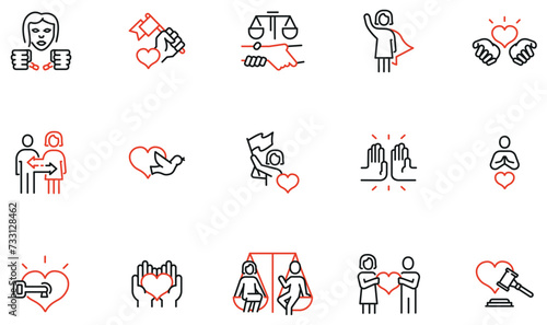 Vector Set of Linear Icons Related to Equal Human Rights, Harmony Relationship, Charity and Carry Love. Mono line pictograms and infographics design elements