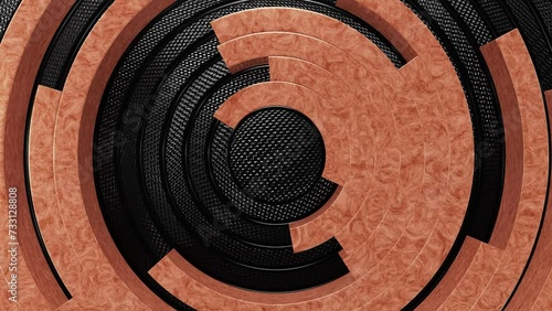 Realistic abstract looping 3D animation of the clock-style moving textured polished wood and carbon fiber radial pattern rendered in UHD