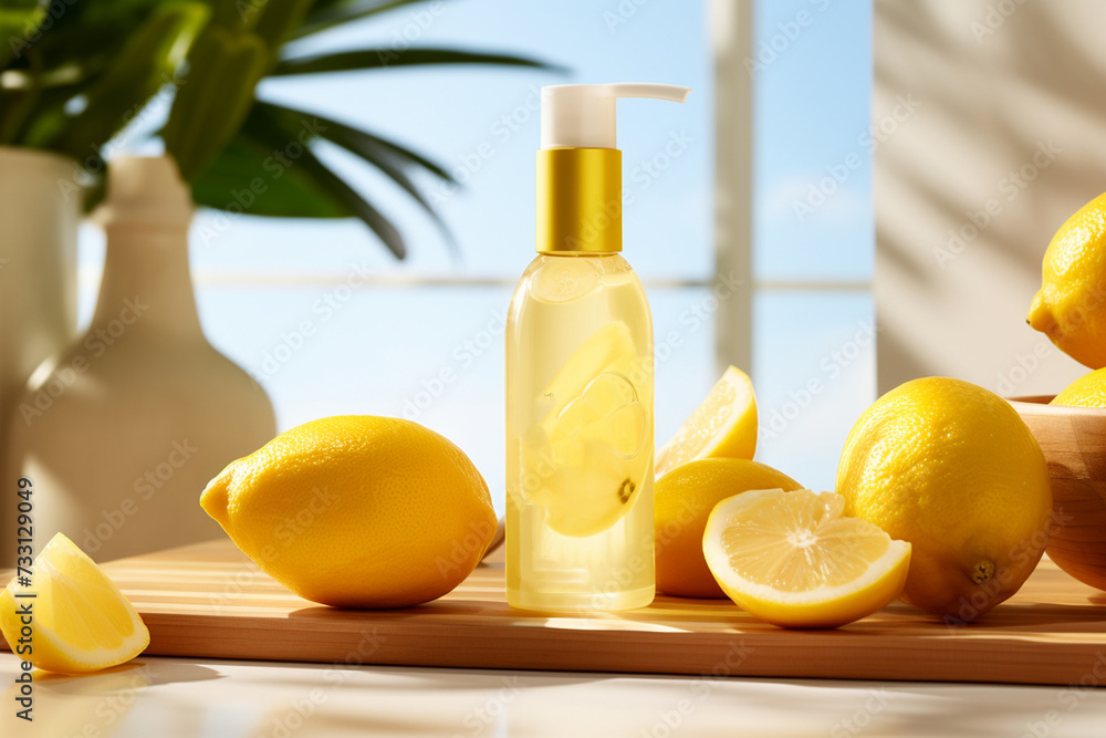 A cosmetic bottle product for skin care mockup. Natural ingredients, lemon. natural cosmetics. AI A cosmetic bottle product for skin care mockup. Natural ingredients, lemon. natural cosmetics. AI