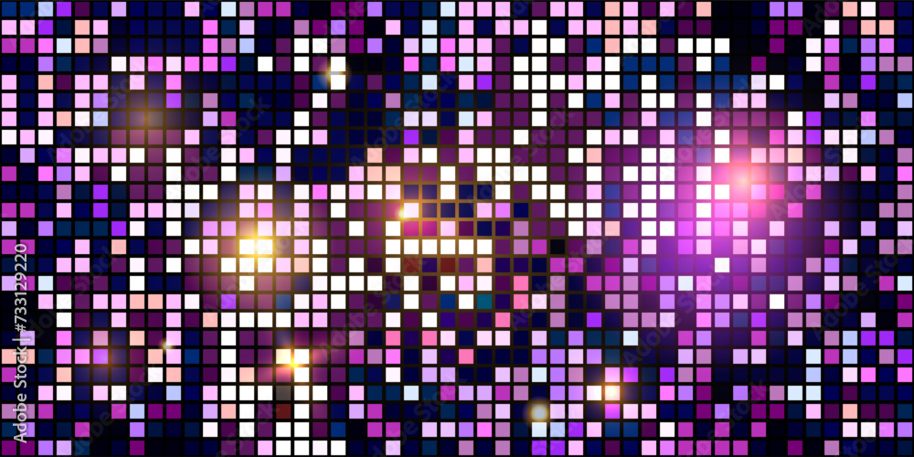 An elegant purple disco ball pattern with a mirror mosaic texture. Square sequin bg for a party. A sophisticated background for a vintage-style abstract wallpaper. - obrazy, fototapety, plakaty 
