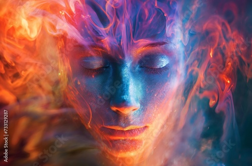 The face of a man with closed eyes, covered with blue and red makeup, fiery, smoky