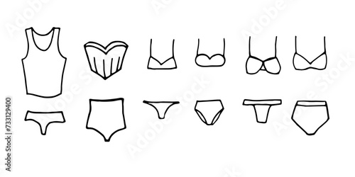 Doodle set of illustrations of underwear  swimsuits. Simple vector image of clothing items isolated on white background.