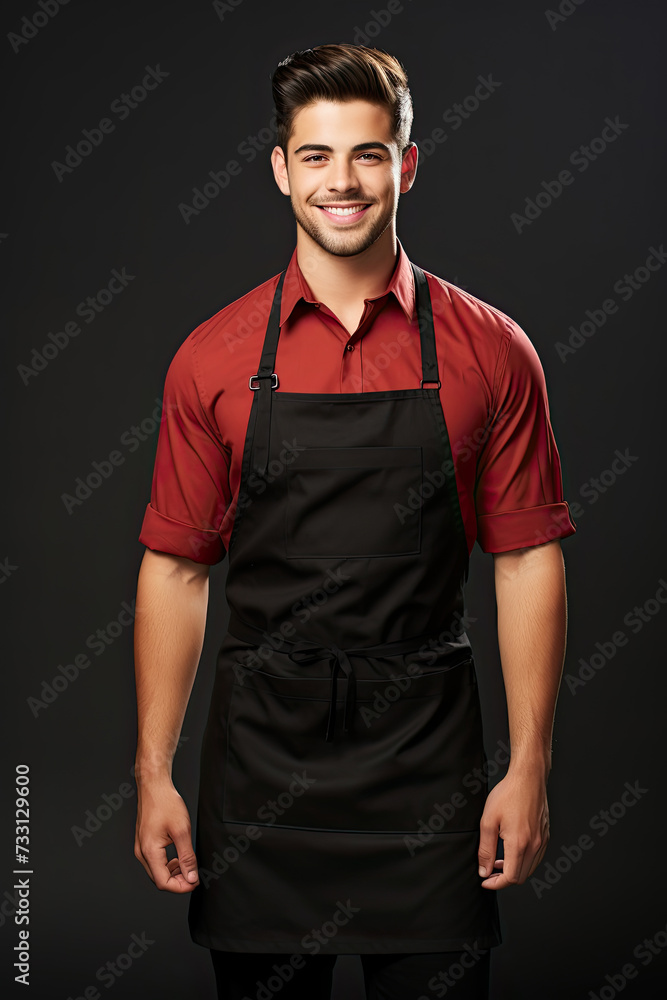 Scarlet Artisan: A Glimpse Into the Tactile Craftsmanship of a Skilled Craftsman. Talented man, adorned in a vibrant red shirt and empty mock up dark apron.